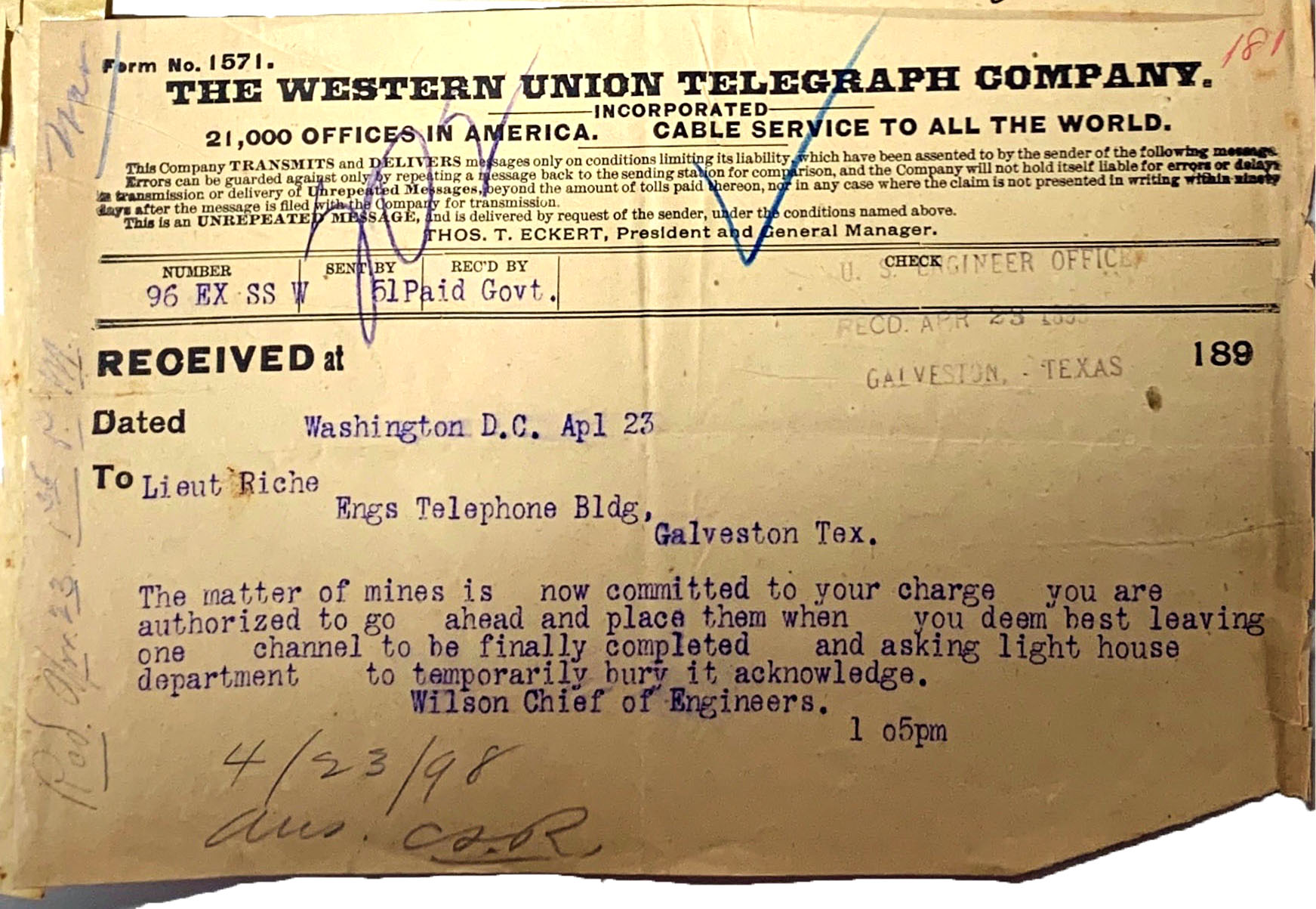 Image of a yellowed and tattered telegram